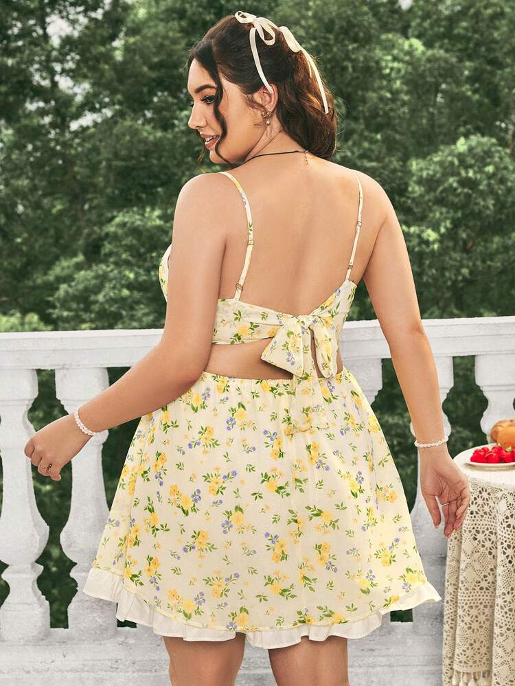 Multicolor Romantic Chiffon Floral Print Plus Size Women's Holiday Spaghetti Strap Dress