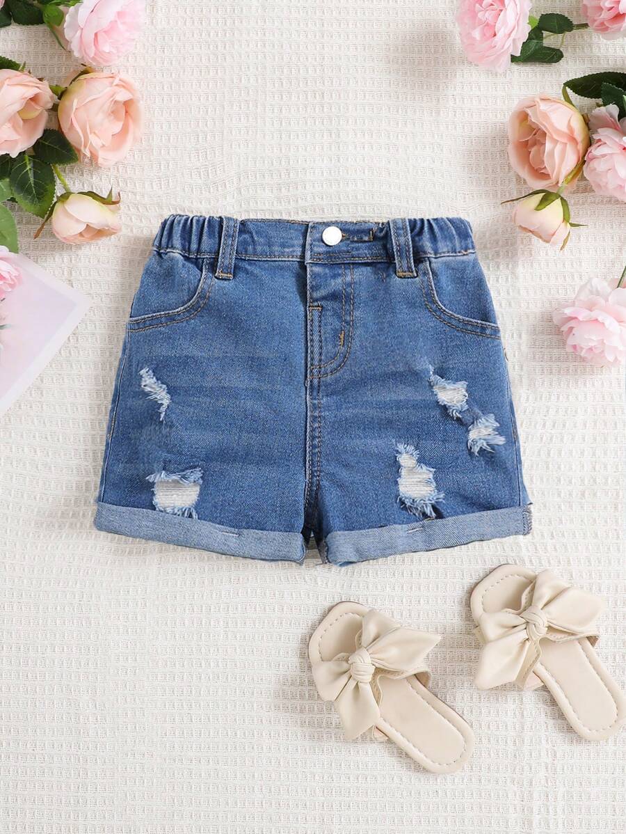 SHEIN 年轻女孩春夏波西米亚风粉色高腰松紧腰破洞牛仔裤洗水牛仔裤短裤 - 中等水洗藍 - 查看 1