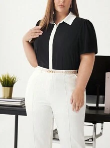 BizChic Plus Size Color Block Turn Down Collar Short Sleeve Casual Shirt - Black and White - View 1