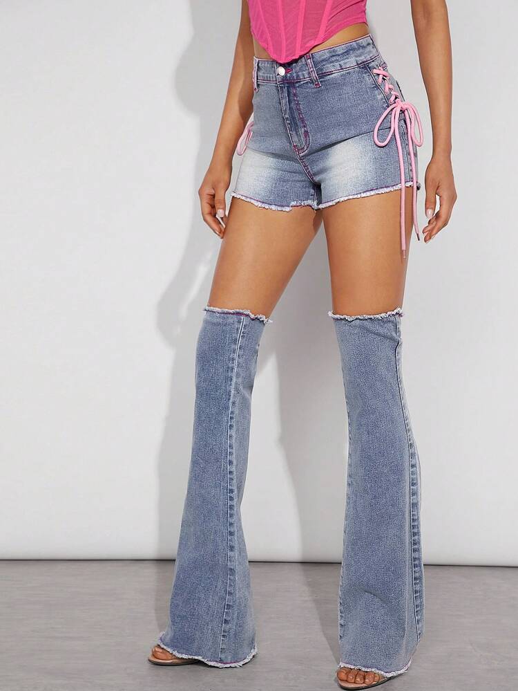 Lace Up Denim Shorts With Leg Warmers