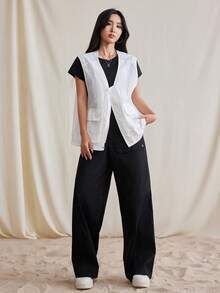 Manfinity Unisex 帶翻蓋口袋拉鍊開衫無袖休閒馬甲,織物面料 - 杏色 - 查看 3