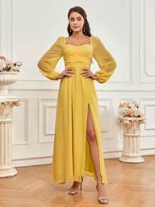 SHEIN Belle Bridesmaid Dress With Sweetheart Neckline, Sheer Lantern Sleeve, Split Hem