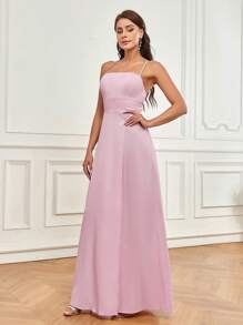 SHEIN Belle Elegante y romántico vestido rosa con tirantes de satén que envuelve el pecho y la espalda con tiras cruzadas y hermoso diseño en forma de A en la espalda, con abertura alta lateral y tirantes de espagueti. Vestido elegante y romántico para mujeres adecuado para banquete de vacaciones, vestido de dama de honor para adultos - Rosa - Ver 7