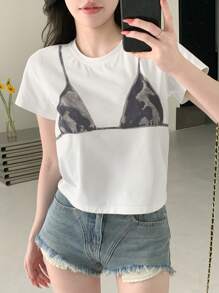 DAZY Printed Round Neck Short Sleeve T-Shirt (For Adults) Graphic Tee - White - View 7