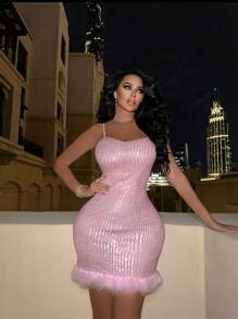 SHEIN SXY Của phụ nữ Vá lại Sang trọng & Kim sa Dây đeo Mì Ý  Đầm - Hồng - Xem 5