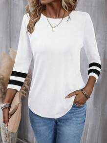 SHEIN LUNE Color Block Round Neck Long Sleeve Casual T-Shirt Graphic Tees Women Tops For Spring - White - View 5