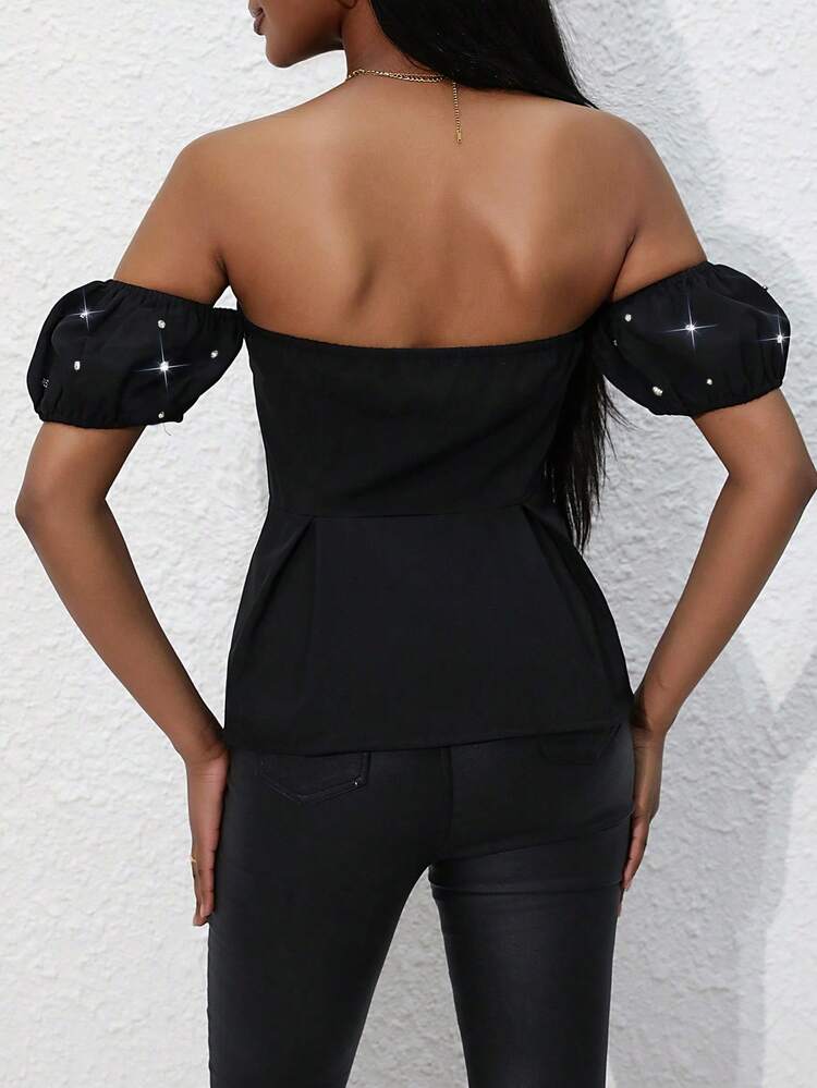 Spring/Summer Solid Color Beaded Off Shoulder Crop Top For Women