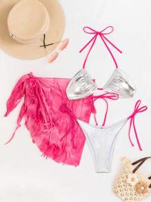 Swim EVENT Conjunto de bikini halter con escote en V y colores contrastantes, traje de baño con falda cubierta, atuendo de playa para festival de música y vacaciones de verano