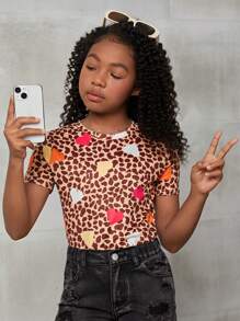 SHEIN 少女日常休閒愛心波點印花短袖圓領T恤，適用於春夏季節 - 彩色 - 查看 1