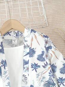 SHEIN 年輕女孩夏季植物印花上衣和短褲套裝 - 白色 - 查看 3