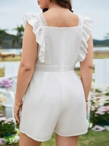 SHEIN Clasi Monos De Talla Grande En unicolor, Cuello Cuadrado Con Encaje Y Adornado Con Volantes - Blanco - Ver 2