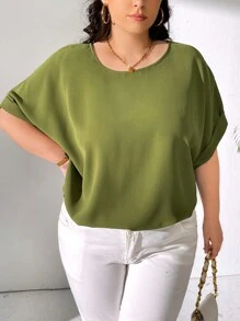 SHEIN CURVE+ Blusa Básica De Manga Enrollada De Talla Grande - Verde - Ver 3