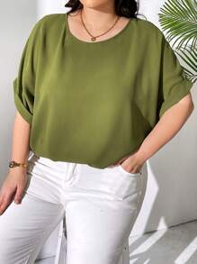 SHEIN CURVE+ Blusa Básica De Manga Enrollada De Talla Grande - Verde - Ver 5