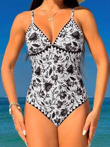 SHEIN Swim 女士花卉印花單肩細帶連身泳衣 - 黑與白 - 查看 5