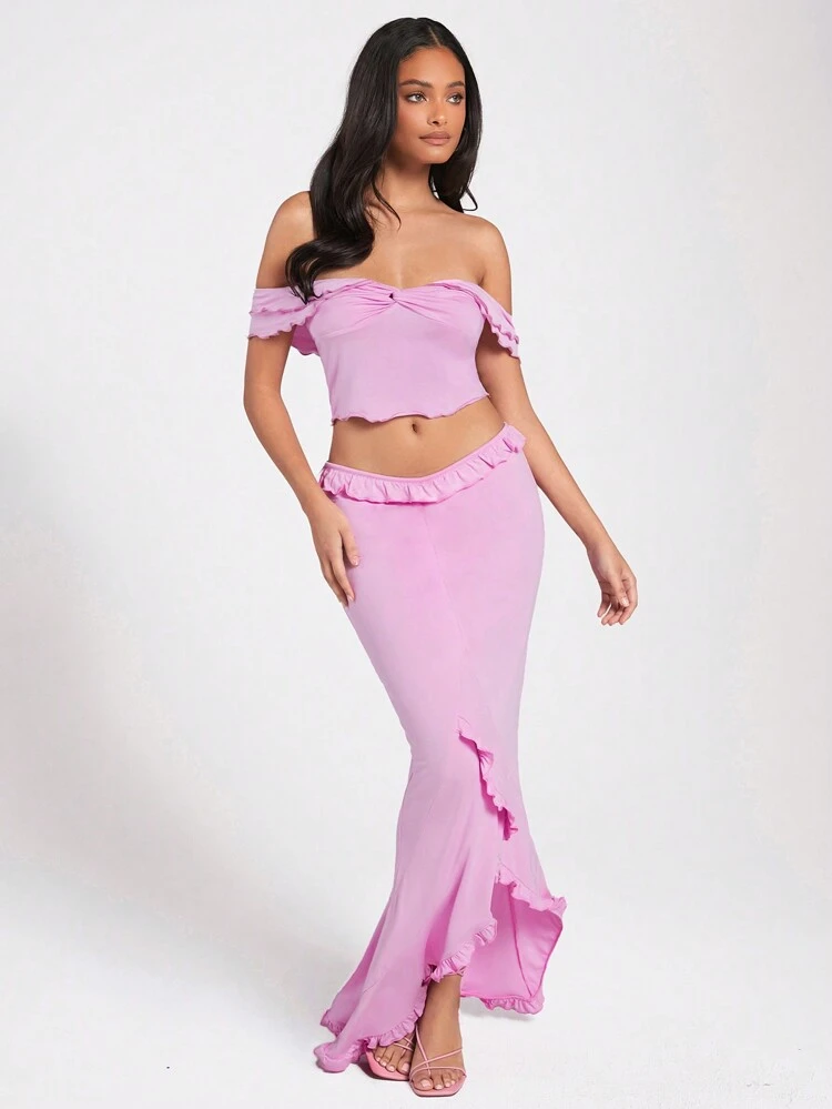 Summer Twisted Knot & Frill Hem Off Shoulder Sexy Top