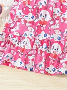 Baby Girl's Cute Pink Cat Printed Dress For Spring And Summer - Pink - View 5