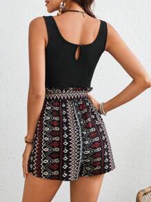 SHEIN VCAY Color Block Notched Collar Geometric Print Sleeveless Romper