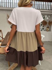 SHEIN LUNE 拼色v領蝙蝠袖連身裙 - 彩色 - 查看 2