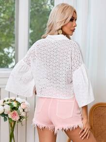 GENKIRA 女士領結燒花刺繡中袖襯衫 - 白色 - 查看 2
