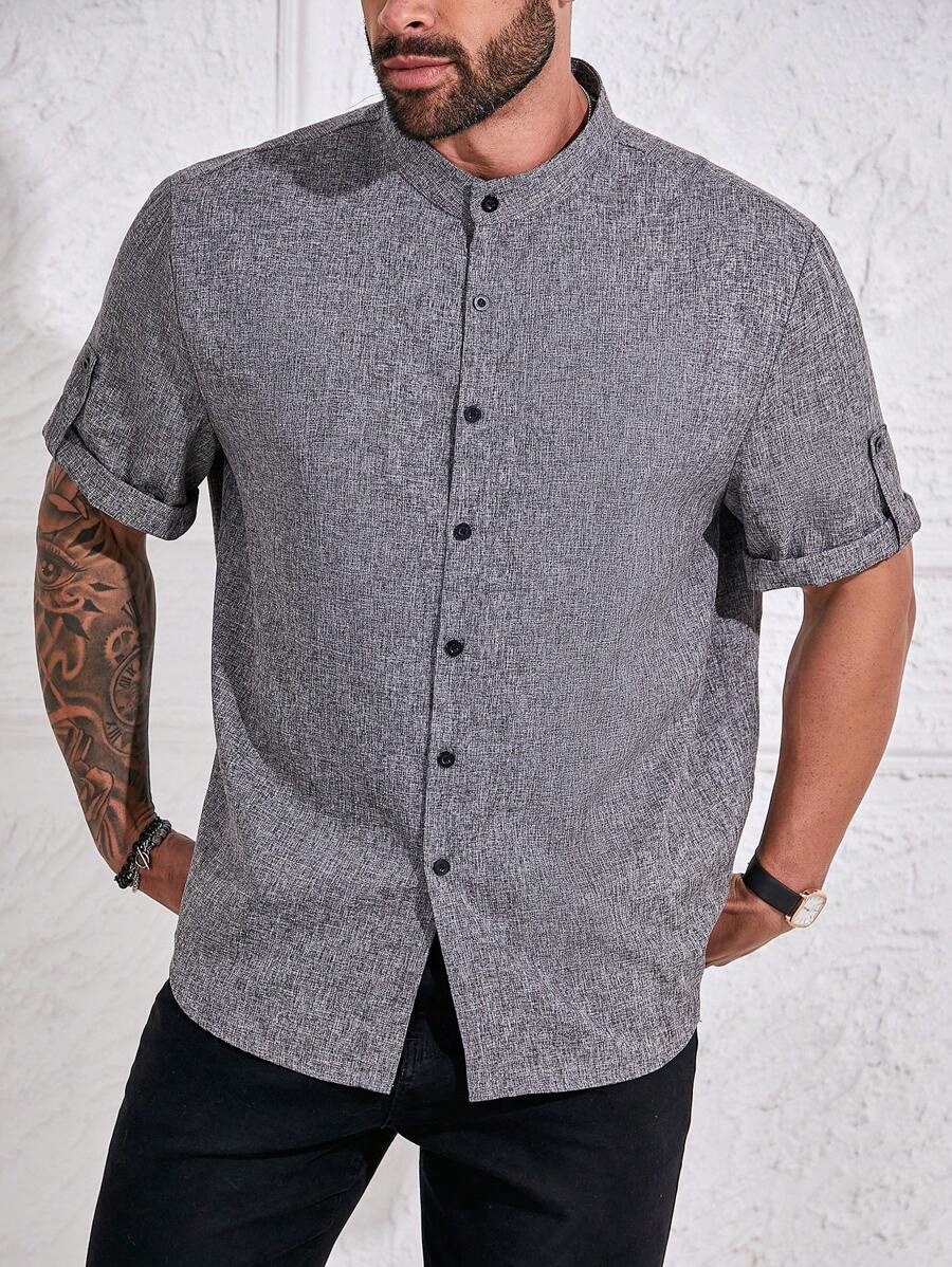 Manfinity Homme Áo sơ mi nam tay ngắn cổ bẻ cài nút cỡ lớn, đơn giản, thường ngày, mặc đi chơi, cài nút màu xám cho nam, áo sơ mi nam tay ngắn màu xám, áo sơ mi nam họa tiết - Xám - Xem 1