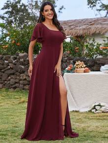 EVERPRETTY Elegant Ruffled Sleeve Backless Tied High Slit Bridesmaid Dress - Burgundy - View 3
