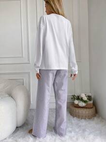 RueChic Conjunto de pijama con Top de manga larga con estampado de corazón y letra, y pantalones a rayas