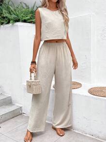 SHEIN Frenchy Ladies' Sleeveless Vest & Textured Pants Combo With Back Button Detail Apricot Two Pieces Set Summer Casual - Apricot - View 1