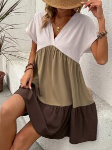 SHEIN LUNE 拼色v領蝙蝠袖連身裙 - 彩色 - 查看 4