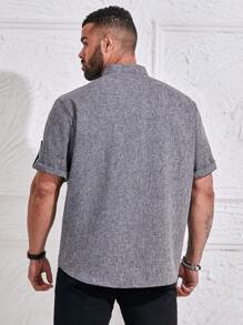 Manfinity Homme Áo sơ mi nam tay ngắn cổ bẻ cài nút cỡ lớn, đơn giản, thường ngày, mặc đi chơi, cài nút màu xám cho nam, áo sơ mi nam tay ngắn màu xám, áo sơ mi nam họa tiết - Xám - Xem 2