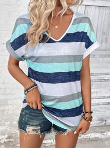 SHEIN LUNE Color Block Striped Batwing Sleeve Casual T-Shirt Graphic Tees Women Tops