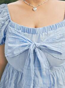 Dreamara 大尺碼女性藍色蝴蝶結裝飾a字裙 - 藍色 - 查看 7
