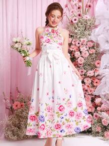 SHEIN Conjunto de 2 piezas para adolescentes con blusa de cuello halter con estampado floral tejido y falda maxi - Rosa - Ver 3