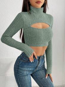 SHEIN PETITE Ngắn Cắt dán Áo thun Với giá đỡ Vòng cổ Và Sọc - màu xanh lá - Xem 5