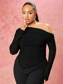 SHEIN BAE Off-Shoulder Brown Mesh Plus Size Long-Sleeved T-Shirt - Black - View 6