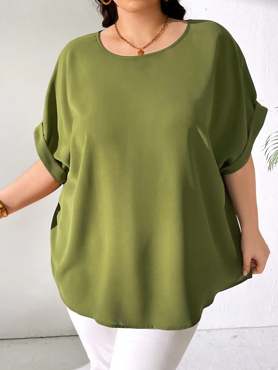 SHEIN CURVE+ Blusa Básica De Manga Enrollada De Talla Grande - Verde - Ver 1