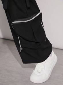 Denimoi Contrast Zip Drawstring Wide Leg Casual Cargo Pants