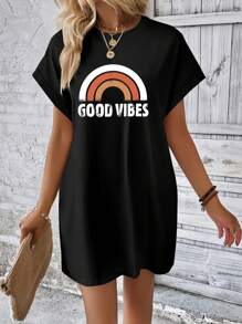 INAWLY Rainbow & Letter Print Short Sleeve Dress - Black - View 3