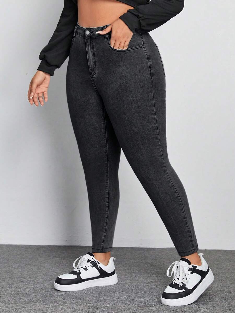 SHEIN EZwear 大尺碼修身休閒牛仔褲 - 深灰色 - 查看 1