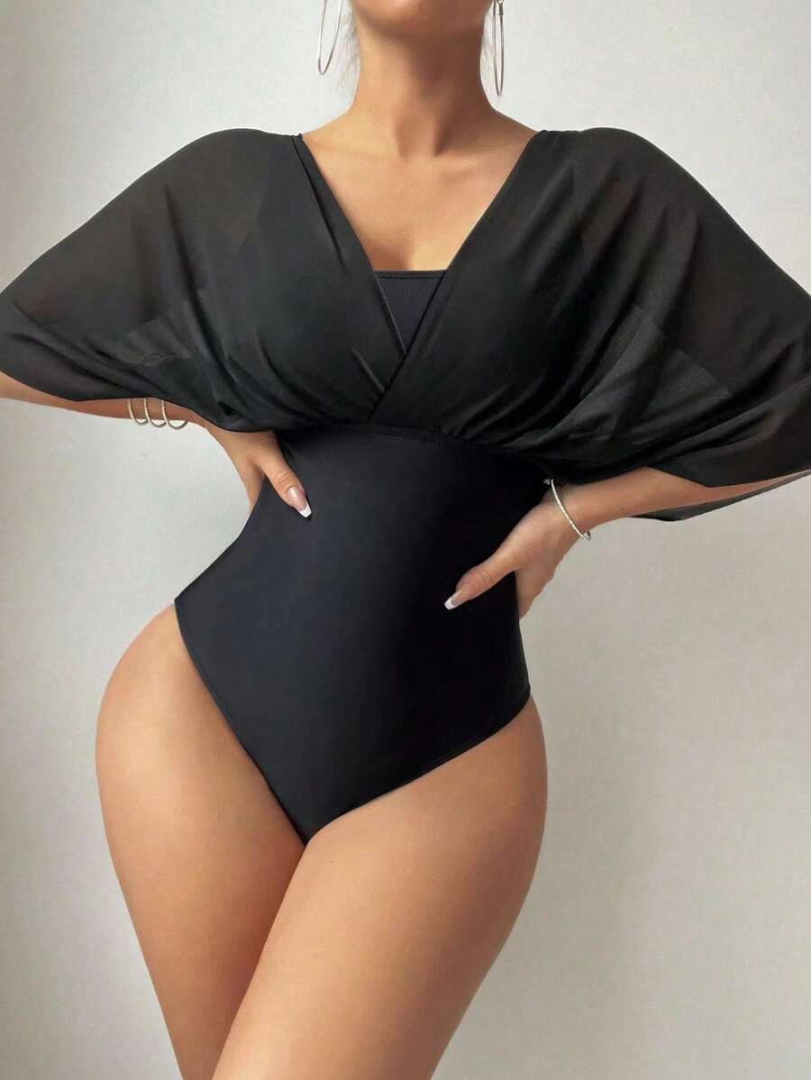 SHEIN Swim Màu thuần Đồ bơi một mảnh Với Batwing Lễ hội hóa trang - màu đen - Xem 1