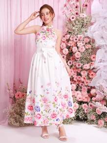 SHEIN Conjunto de 2 piezas para adolescentes con blusa de cuello halter con estampado floral tejido y falda maxi - Rosa - Ver 6