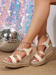 Women's Platform Wedge Sandals With High Heels, Open Toe, Waterproof Platform And Ankle Straps - Apricot - View 1