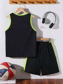 SHEIN 2pcs Tween Boy Loose Fit Sports Graphic Contrast Color Tank Top And Shorts Set,Kids - Green - View 2
