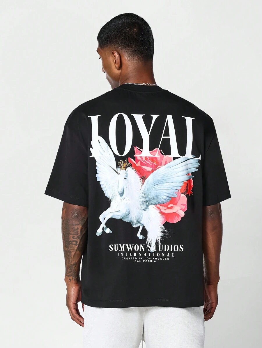 SUMWON 背面带有图案印花的 T 恤，适合日常穿着 - 黑色 - 查看 1