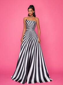 High-End Black & White Striped Sleeveless Formal Evening Dress Elegant Prom Wedding Guest Gown, For Graduation, Dinner - Black and White - View 3