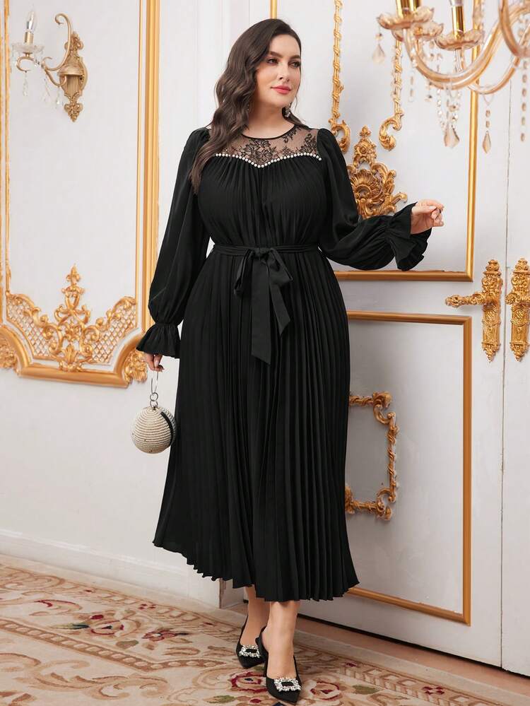 Plus Size Lace Splicing Studded Pearl Pleated Hem Dress Long Evening Dresses