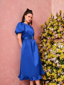 Modelyn 女式纯色泡泡袖连衣裙，带荷叶边下摆，长款晚礼服 - 寶藍色 - 查看 4