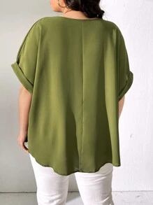 SHEIN CURVE+ Blusa Básica De Manga Enrollada De Talla Grande - Verde - Ver 2