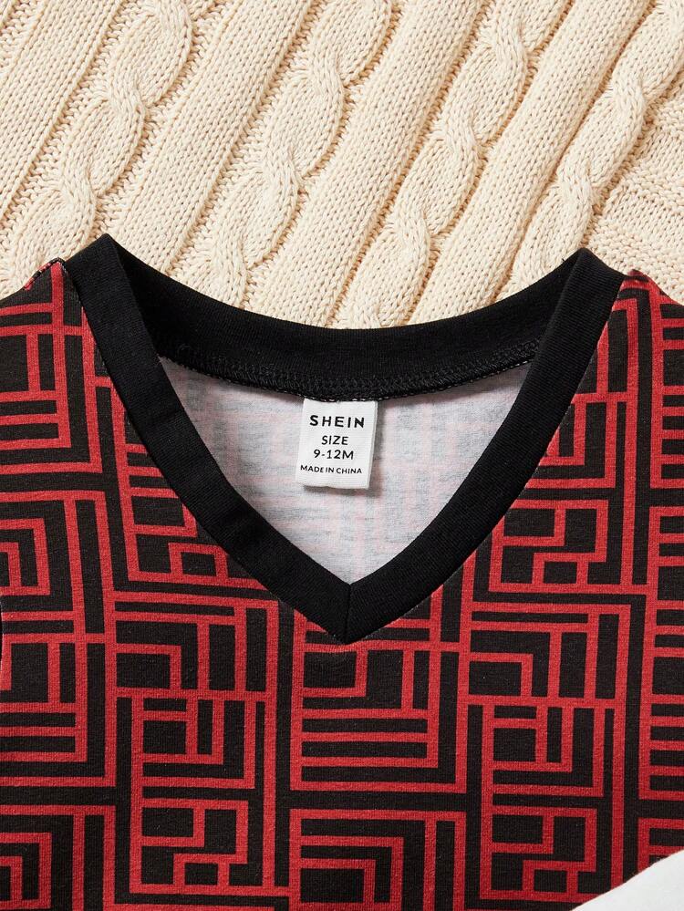 Baby Boy's Comfortable Casual Set, 3pcs Including Printed Vest, Short-Sleeved Polo Shirt, And Shorts In Geometric Pattern