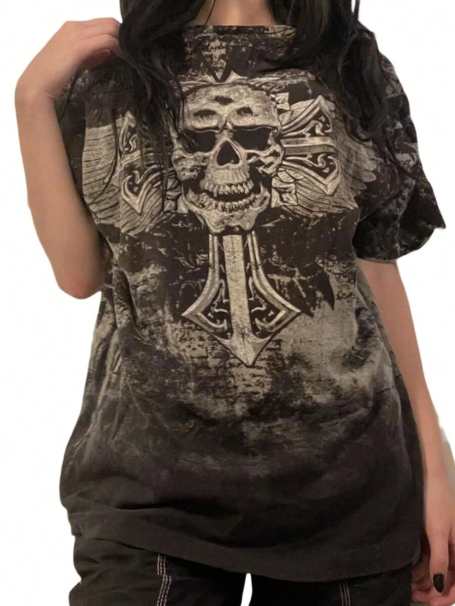 Skull Print Short Sleeve T-Shirt - Dark Grey - View 1