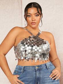 Plus Size Glamorous Sexy Chainmail Outfit Silver Shiny Camisole - Silver - View 1